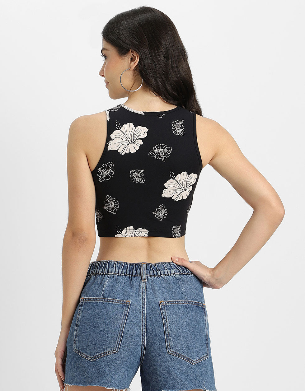 Black Floral Printed Round Neck Cropped Tank Top