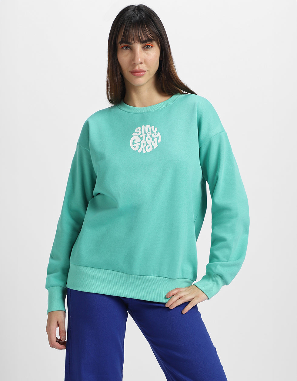 Stay Groovy Typographic Printed Oversized Green Sweatshirt