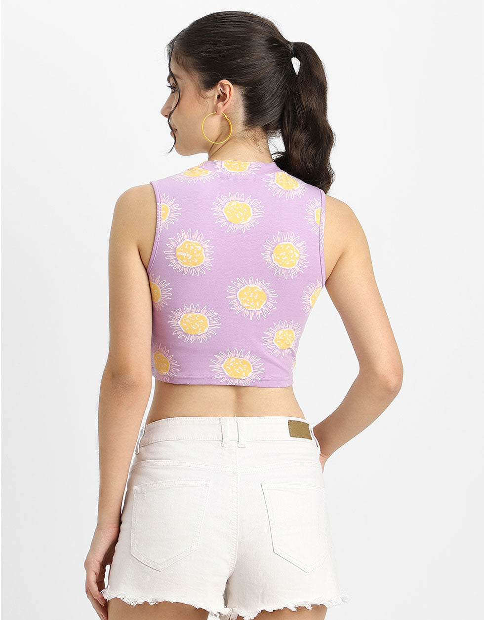 Lilac Floral Printed High Neck Cropped Tank Top