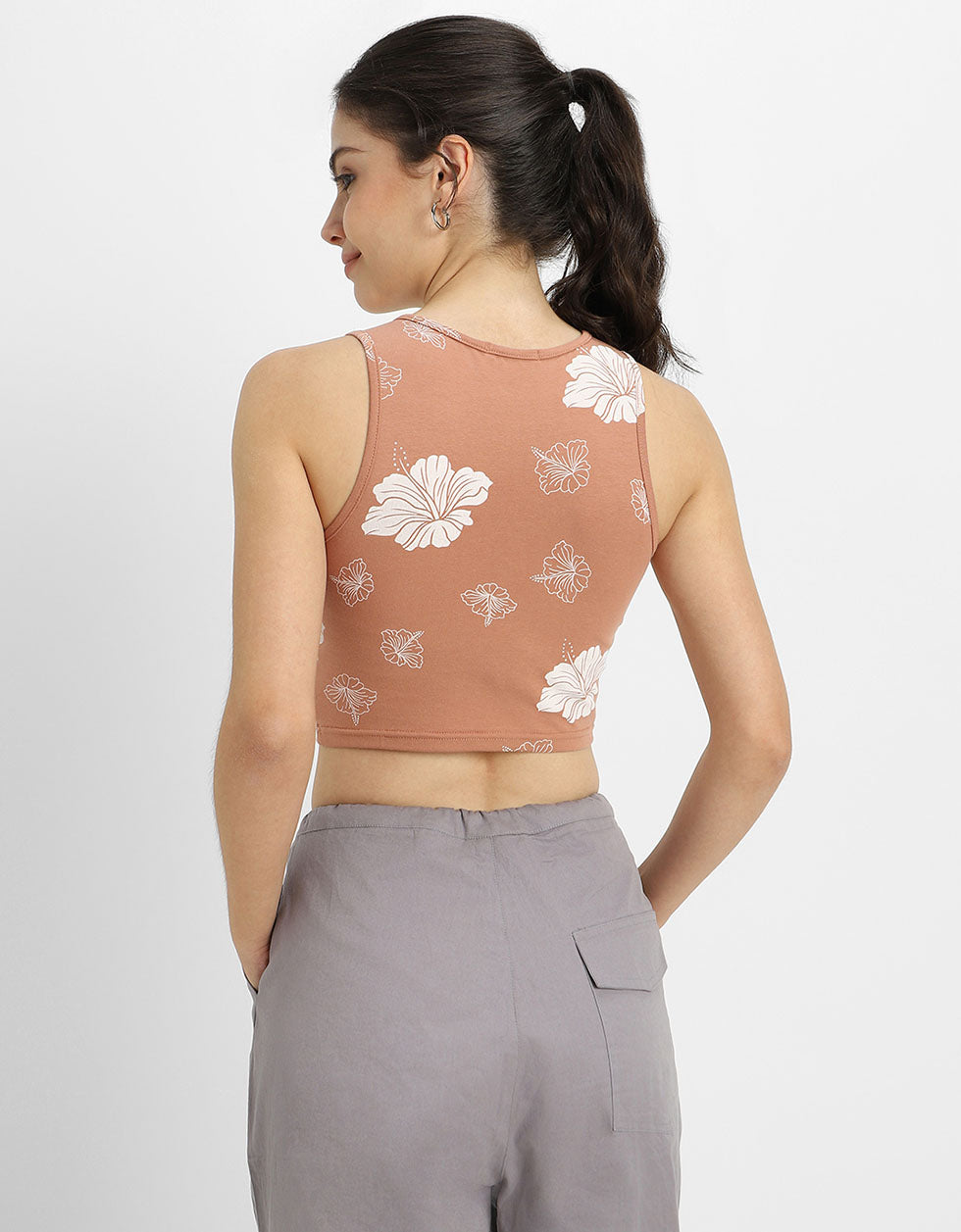 Brown Floral Printed Round Neck Cropped Tank Top