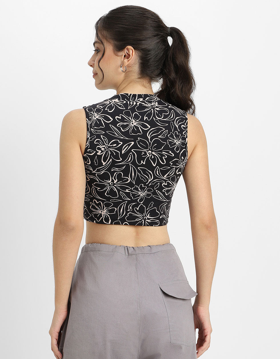 Black Floral Printed High Neck Cropped Tank Top