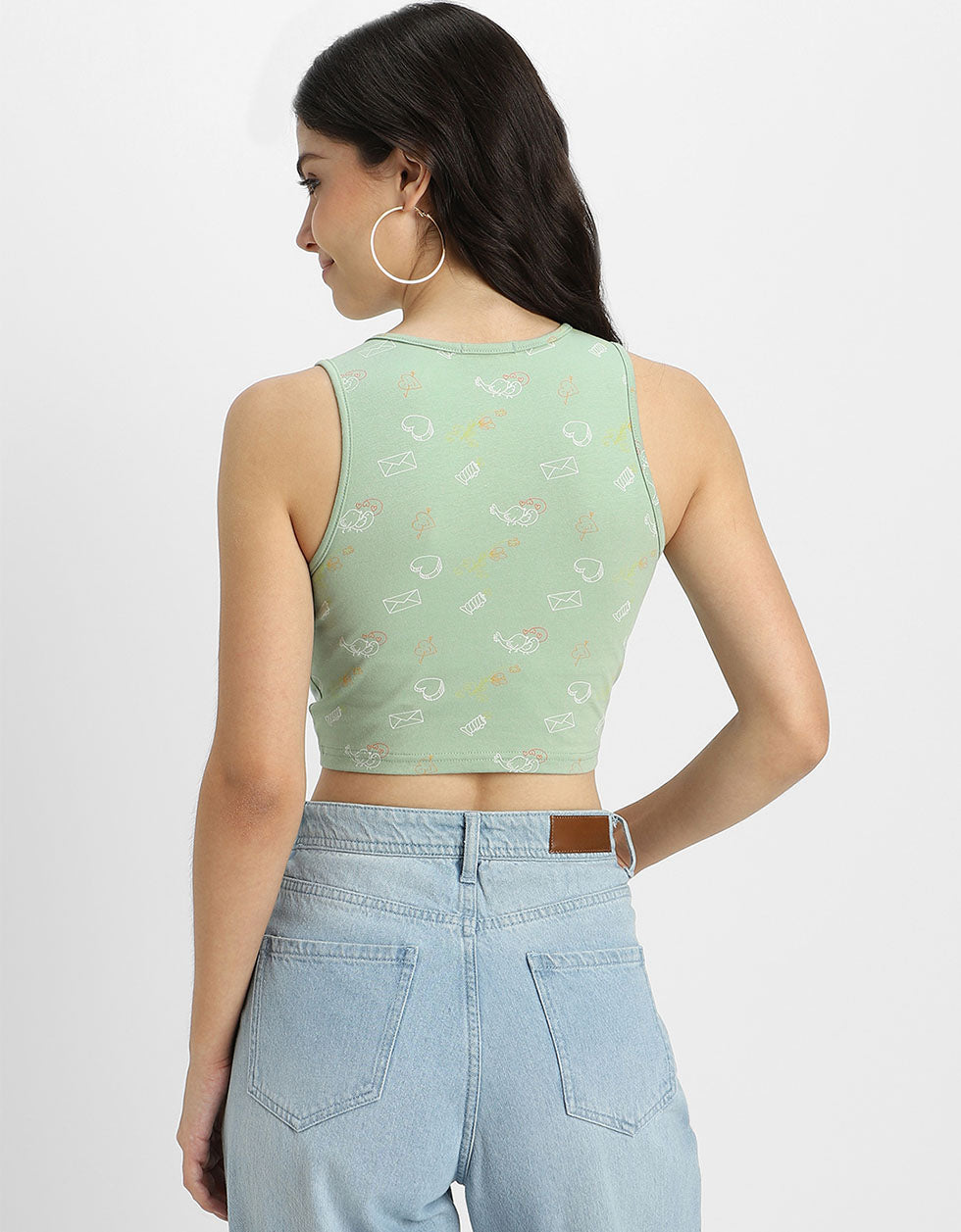 Green Floral Printed Round Neck Cropped Tank Top