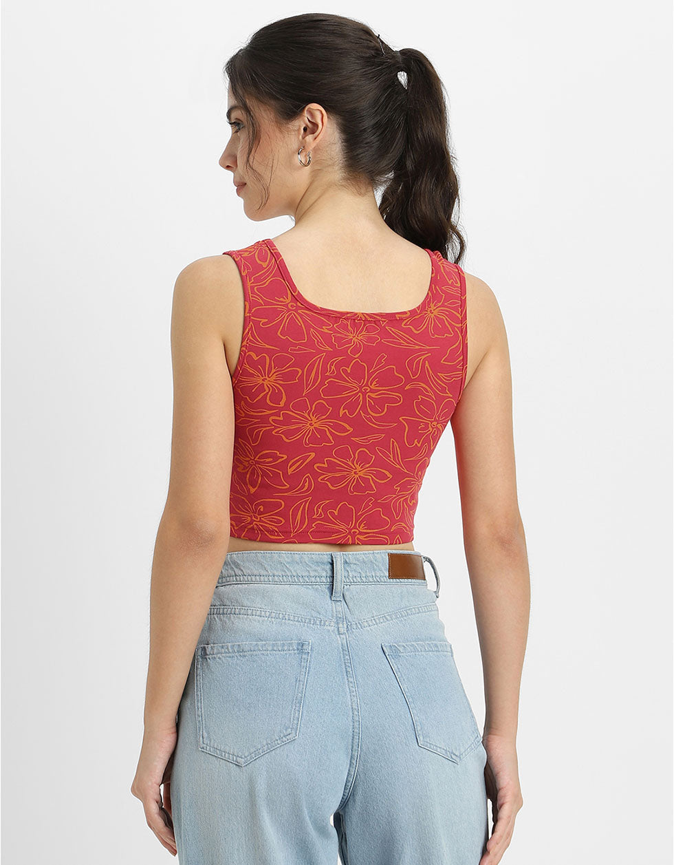 Viva Magenta Printed Square Neck Cropped Tank Top