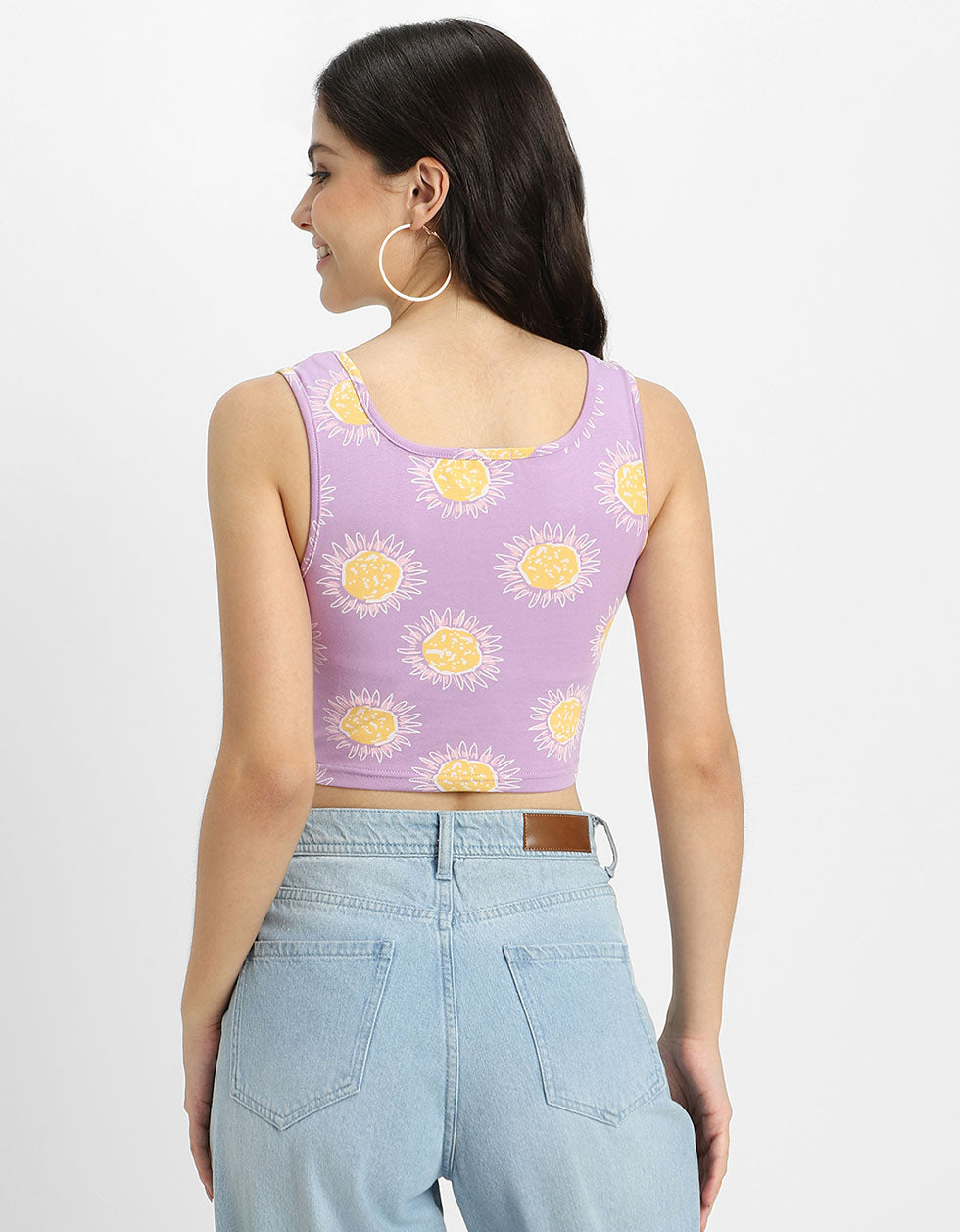 Lilac Printed Square Neck Cropped Tank Top
