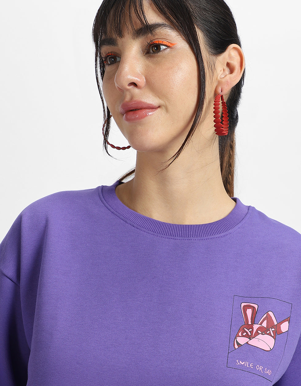 Smile or Sad Graphic Printed Oversized Purple Sweatshirt