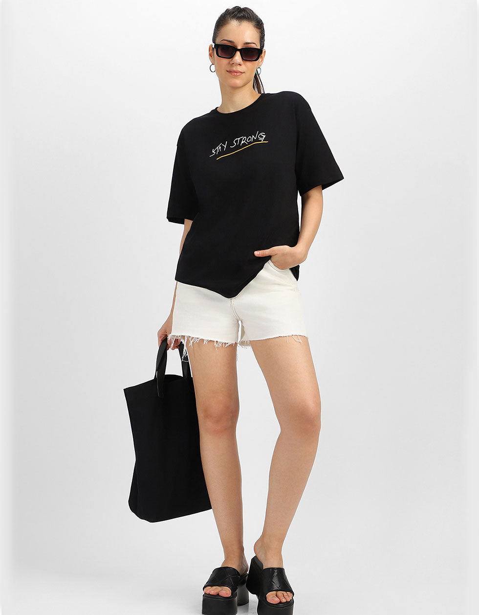 Stay Strong Black Oversized Fit Graphic T-Shirt