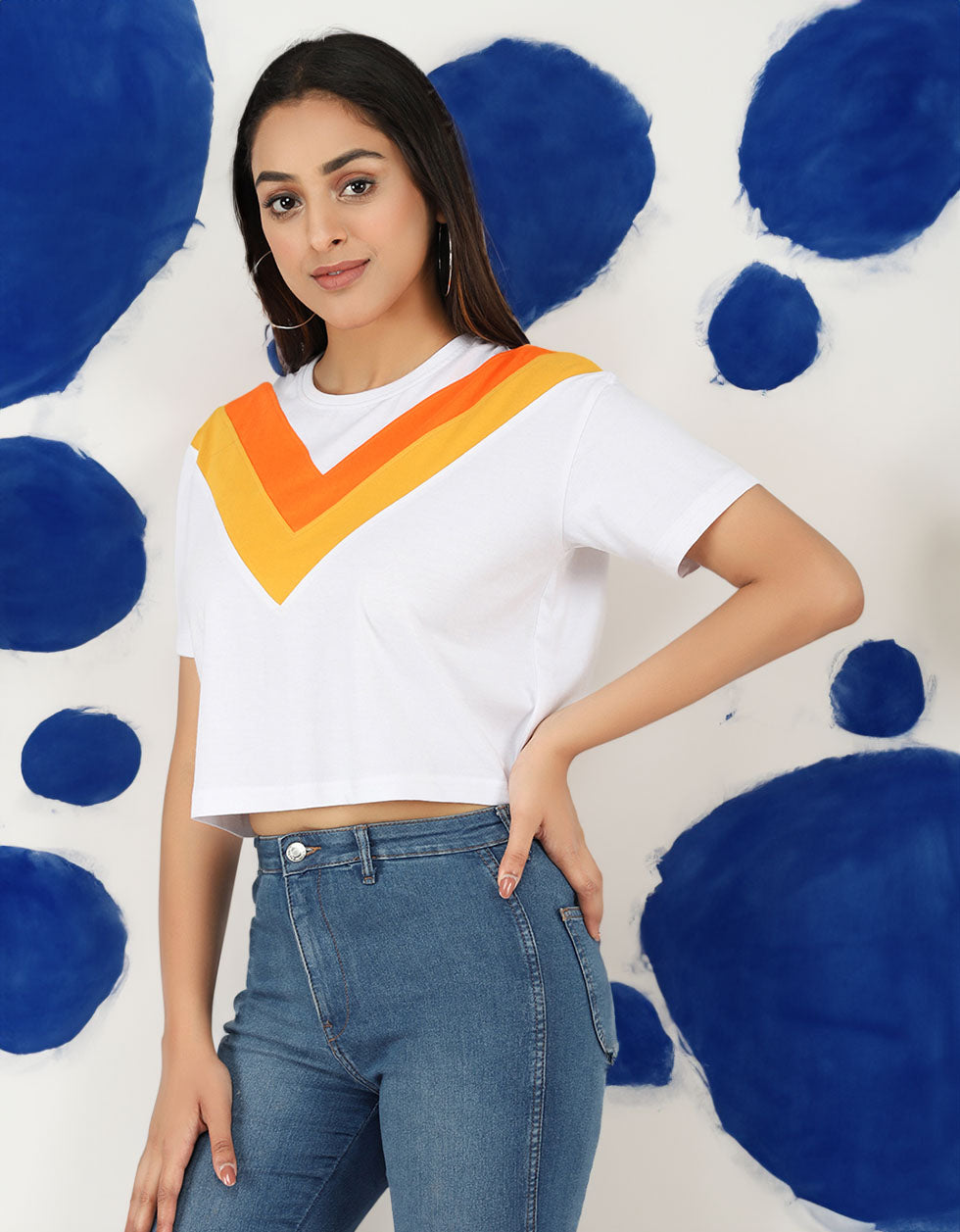 White Orange Yellow Graphic Printed Crop-Top