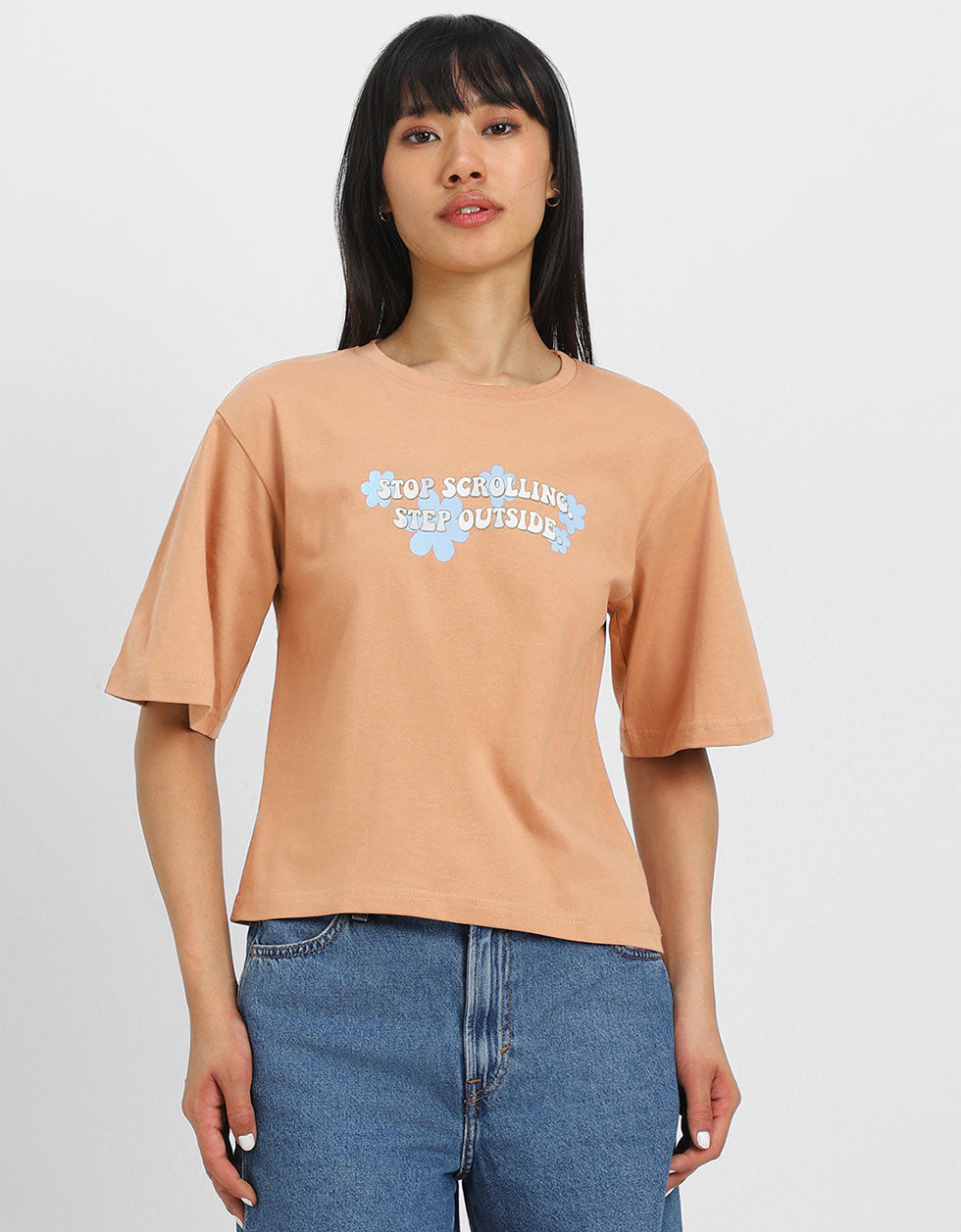 Stop Scrolling Cork Graphic Printed Crop-Top