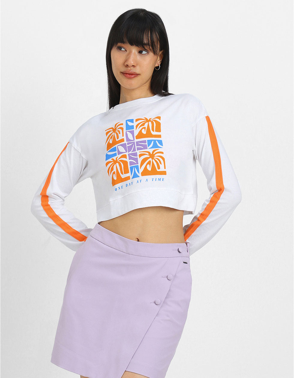 One Day White Graphic Printed Crop-Top