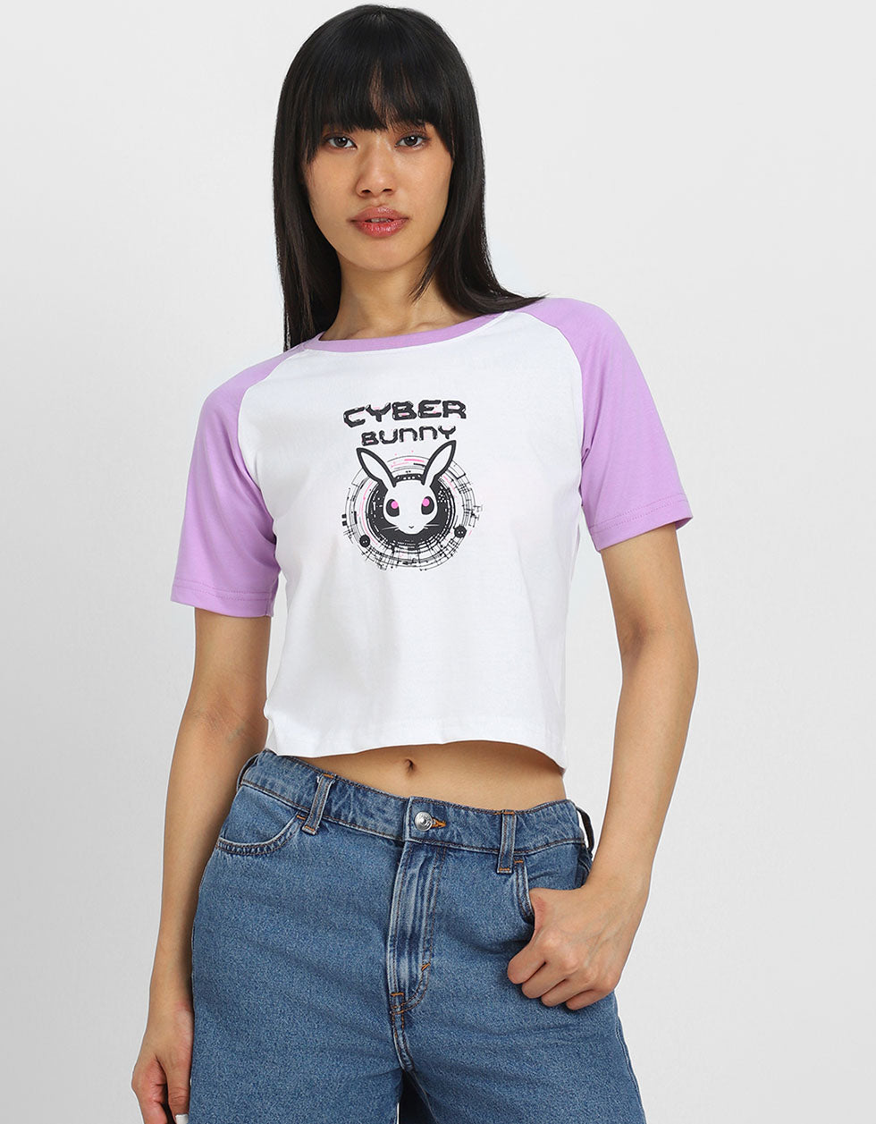 Cyber Bunny White Graphic Printed Crop-Top
