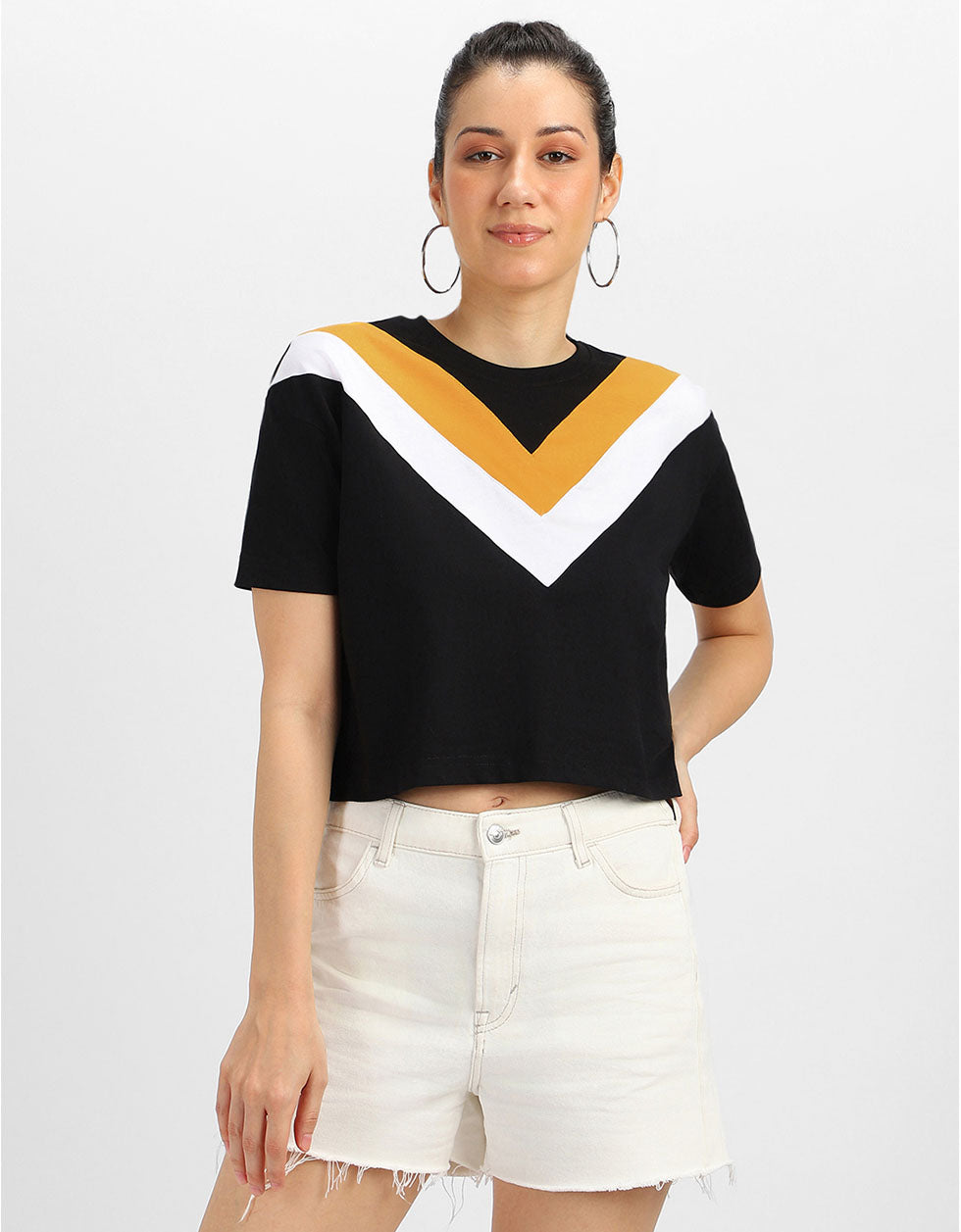 Black Yellow White Graphic Printed Crop-Top