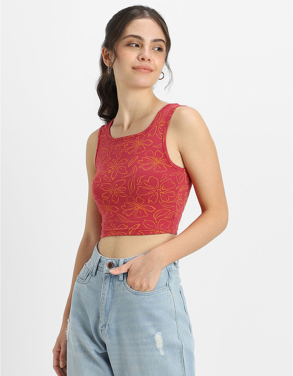 Viva Magenta Printed Square Neck Cropped Tank Top