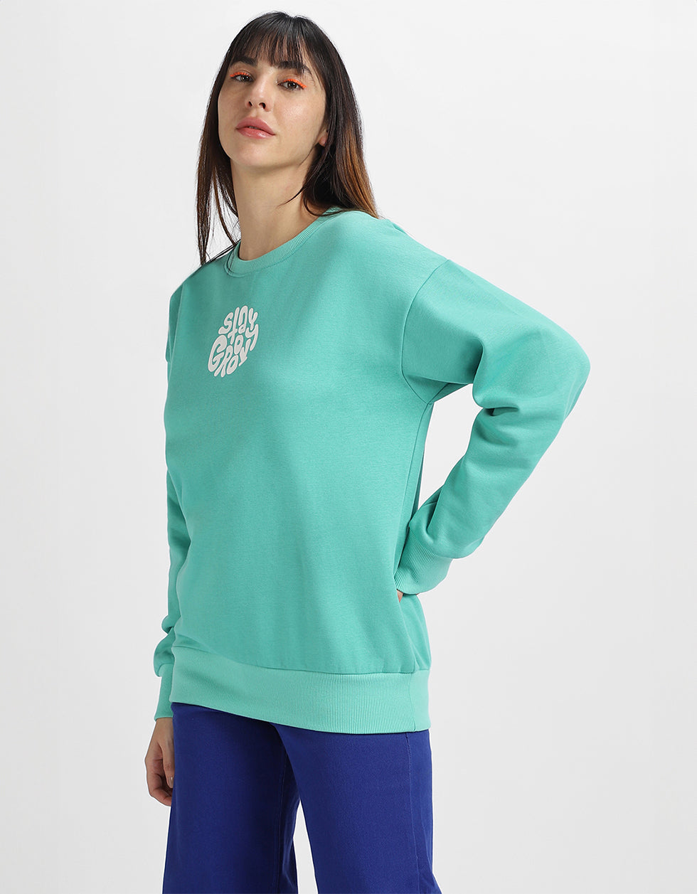 Stay Groovy Typographic Printed Oversized Green Sweatshirt