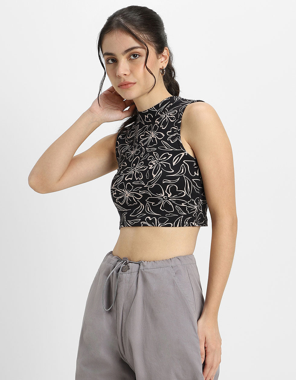 Black Floral Printed High Neck Cropped Tank Top