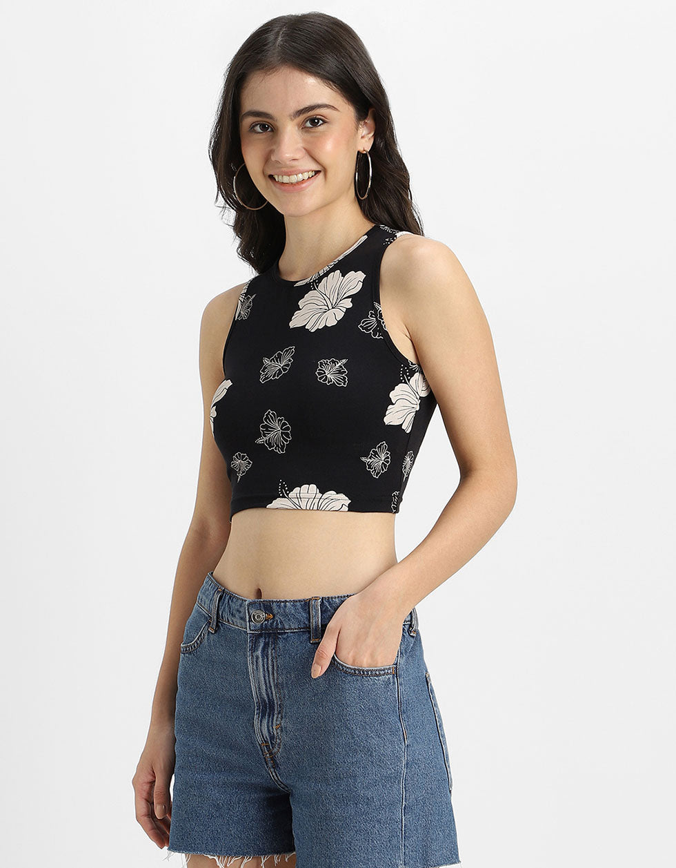 Black Floral Printed Round Neck Cropped Tank Top