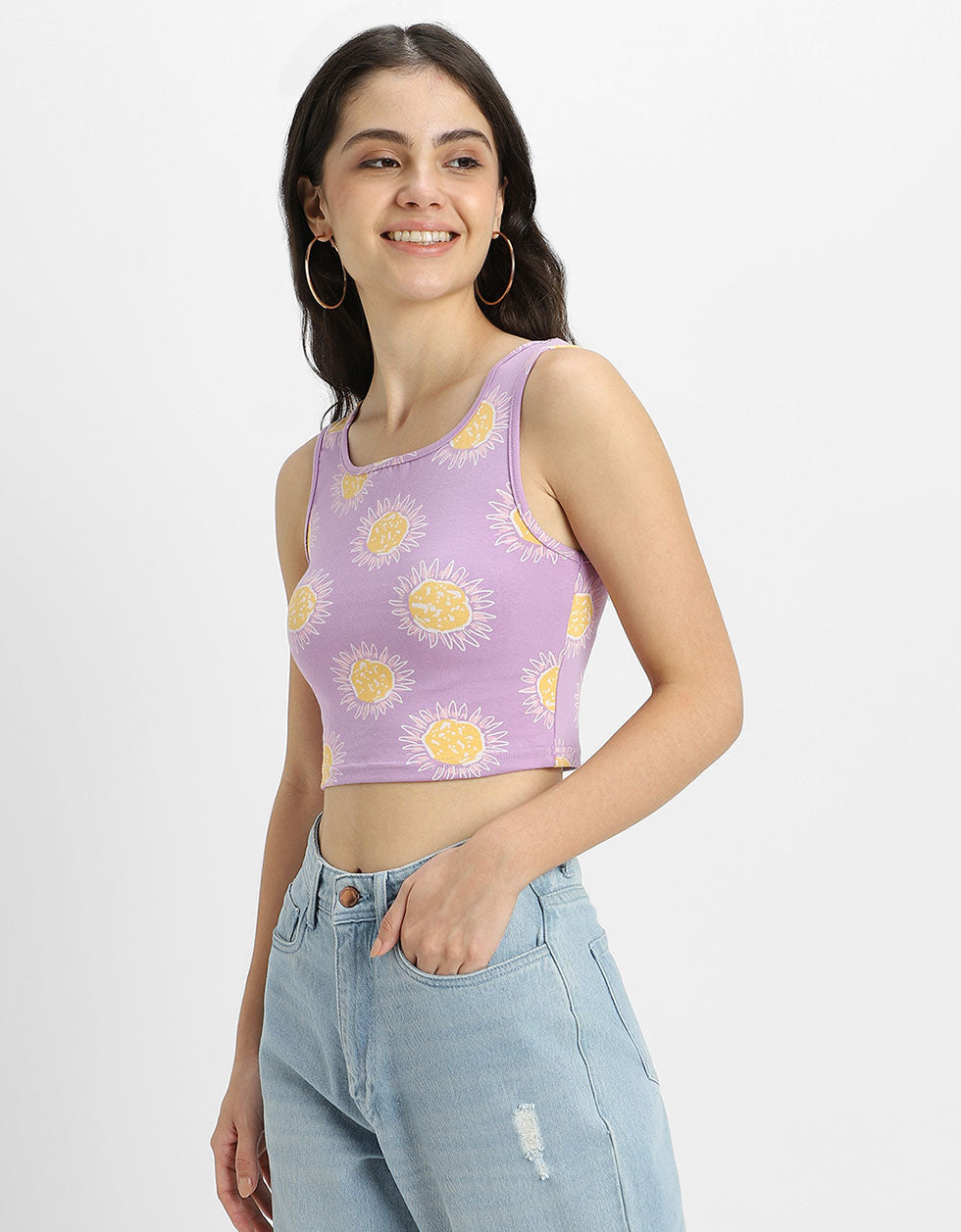 Lilac Printed Square Neck Cropped Tank Top