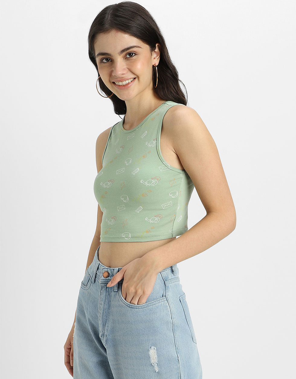 Green Floral Printed Round Neck Cropped Tank Top