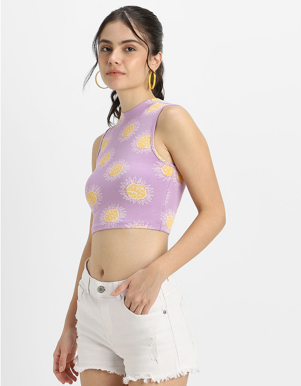 Lilac Floral Printed High Neck Cropped Tank Top