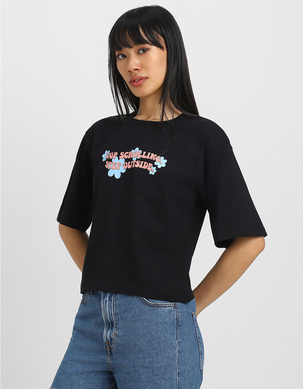 Stop Scrolling Black Graphic Printed Crop-Top