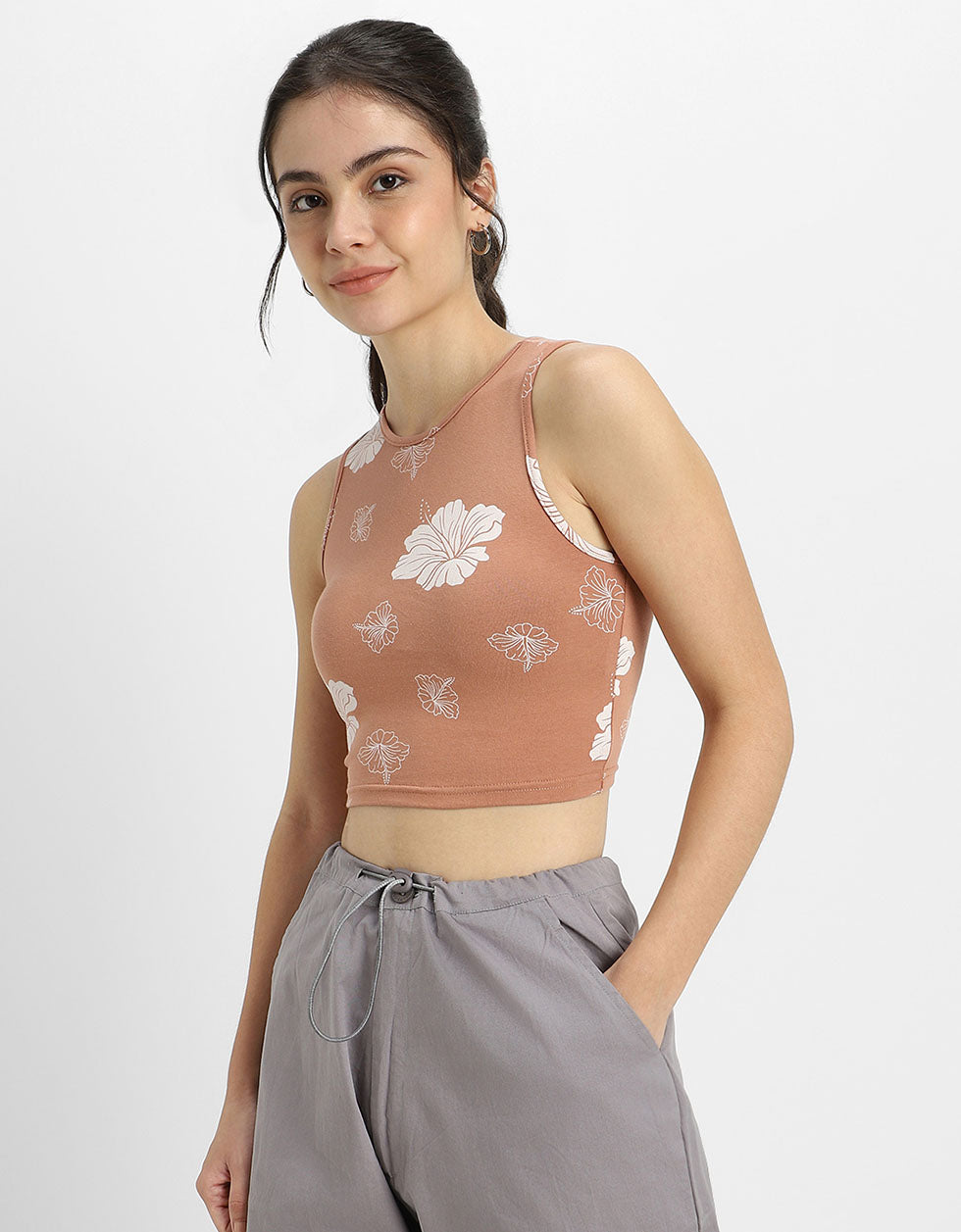 Brown Floral Printed Round Neck Cropped Tank Top