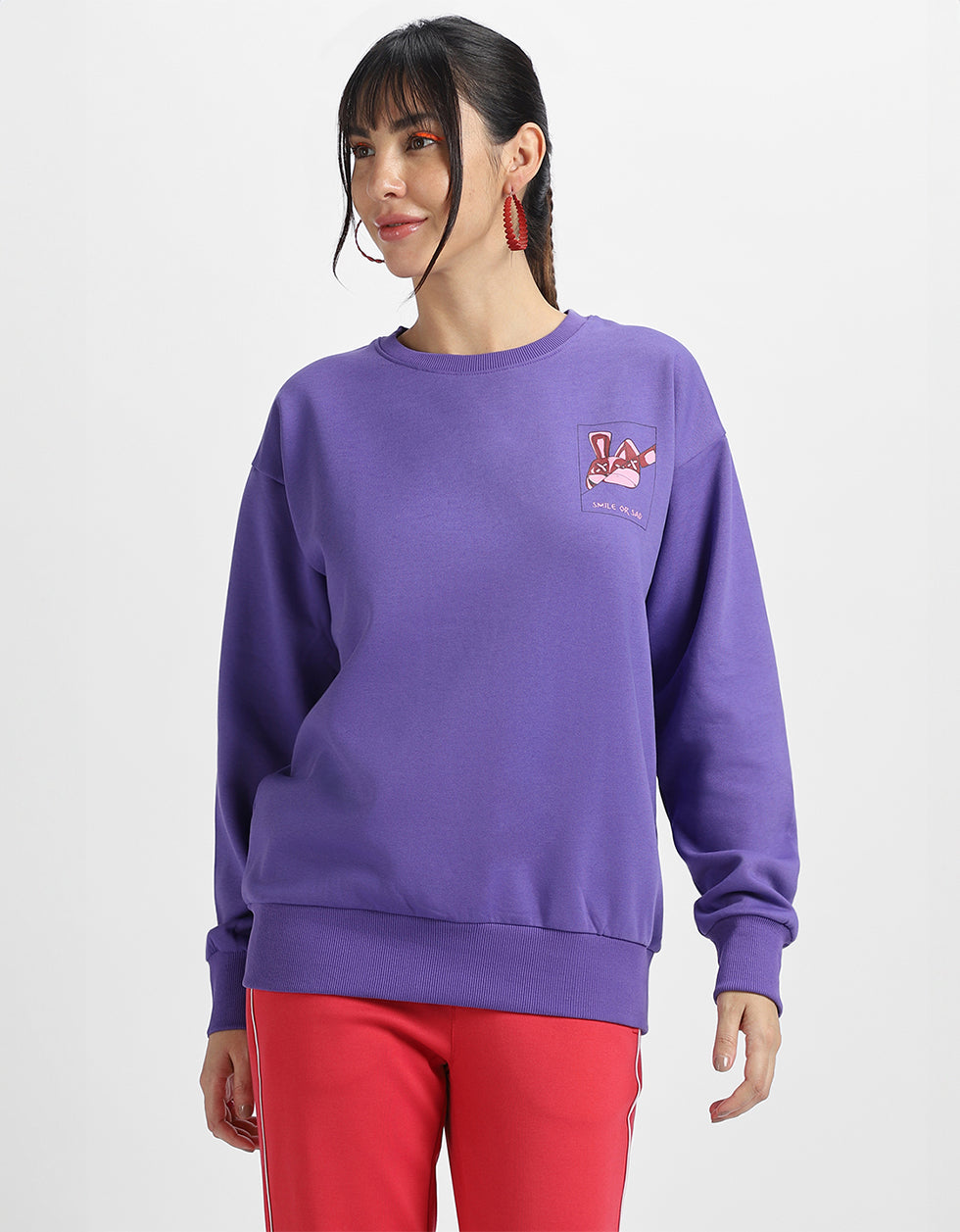 Smile or Sad Graphic Printed Oversized Purple Sweatshirt