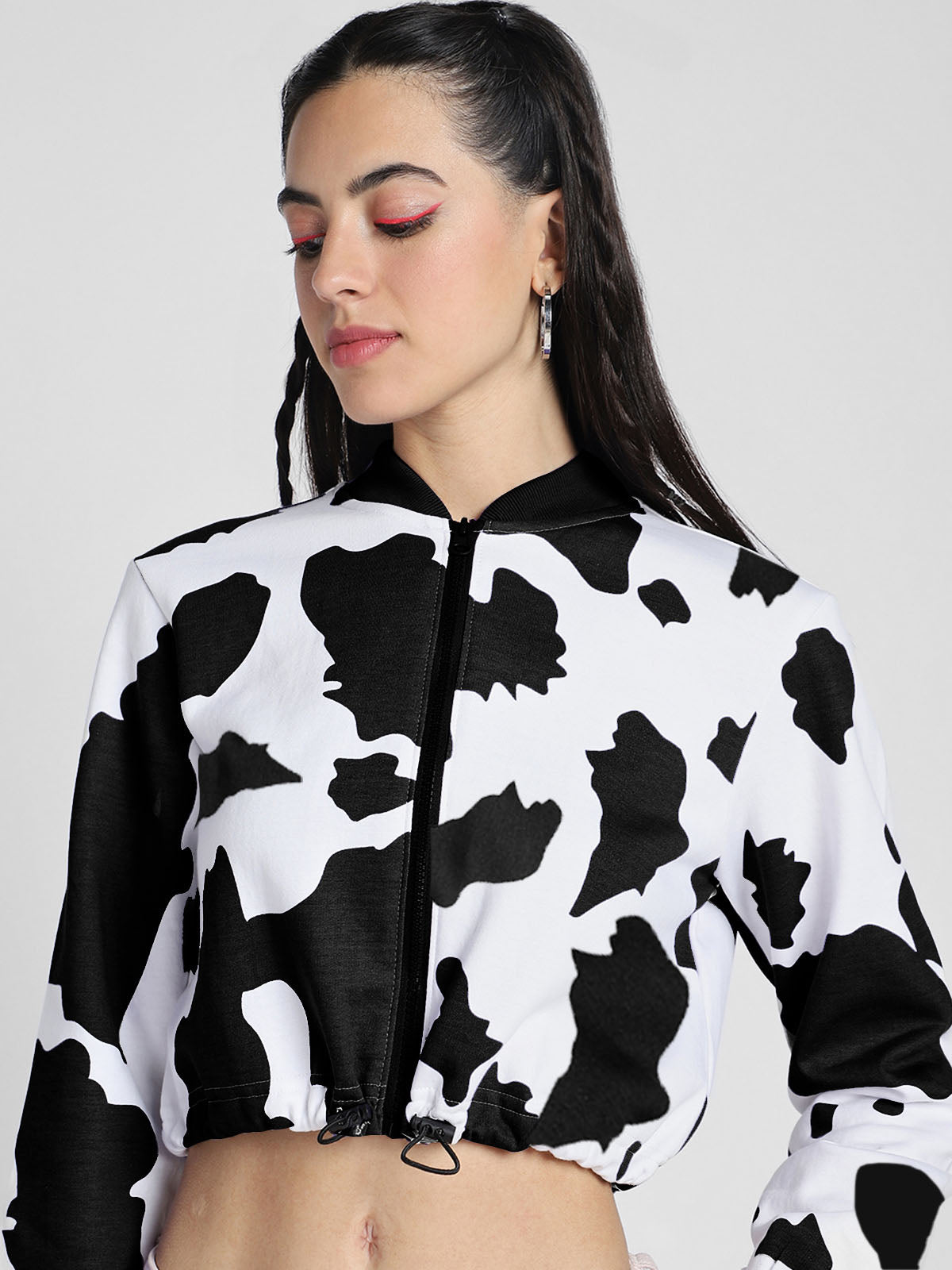 Cow Print Regular Fit White Zipper Crop Jacket