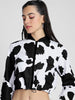 Cow Print Regular Fit White Zipper Crop Jacket