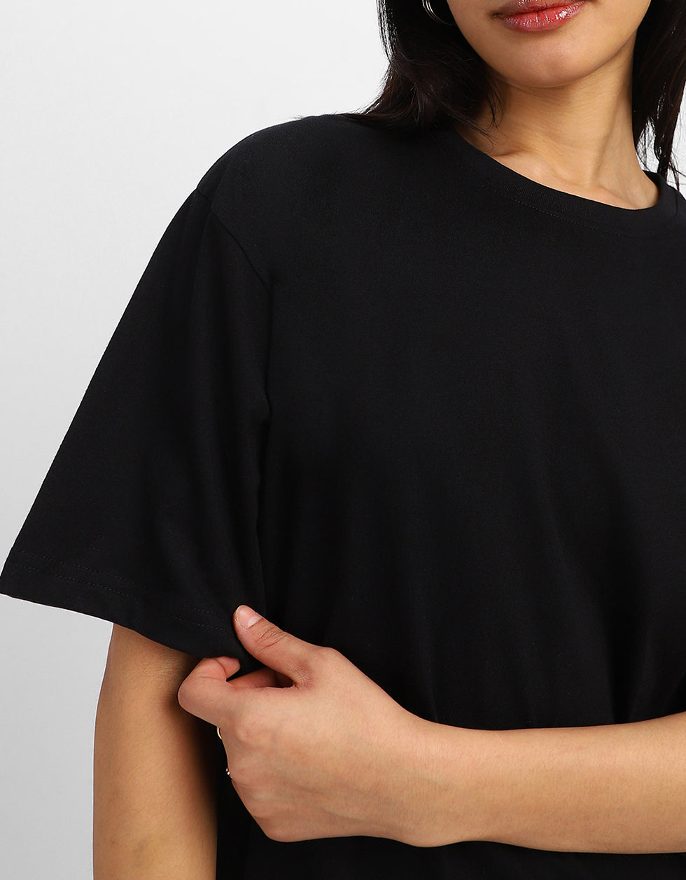 Let Happiness Bloom Black Graphic Printed Oversized T-Shirt