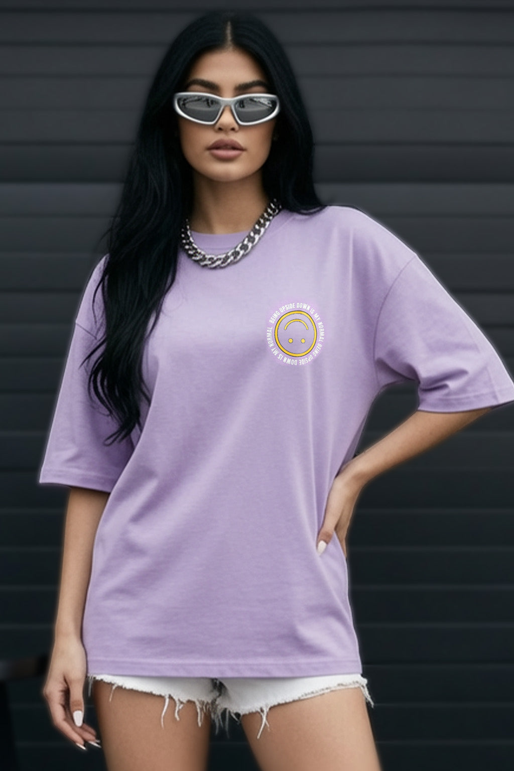 Upside Down Lilac Graphic Printed Oversized T-Shirt
