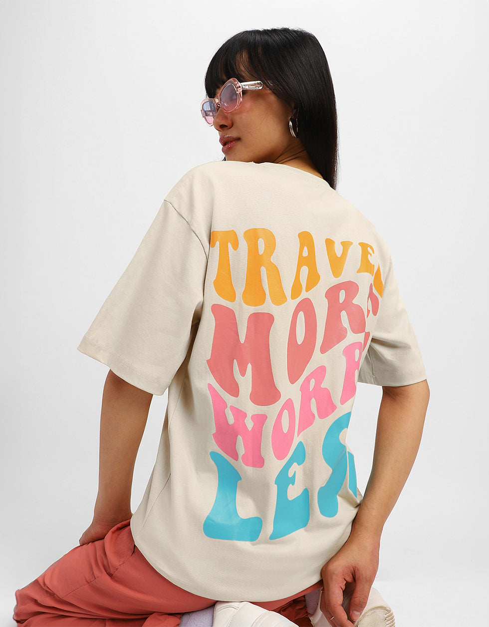 Travel More Swan White Graphic Printed Oversized T-Shirt