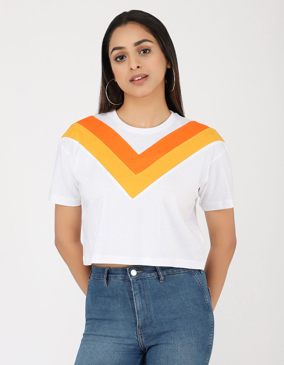 White Orange Yellow Graphic Printed Crop-Top