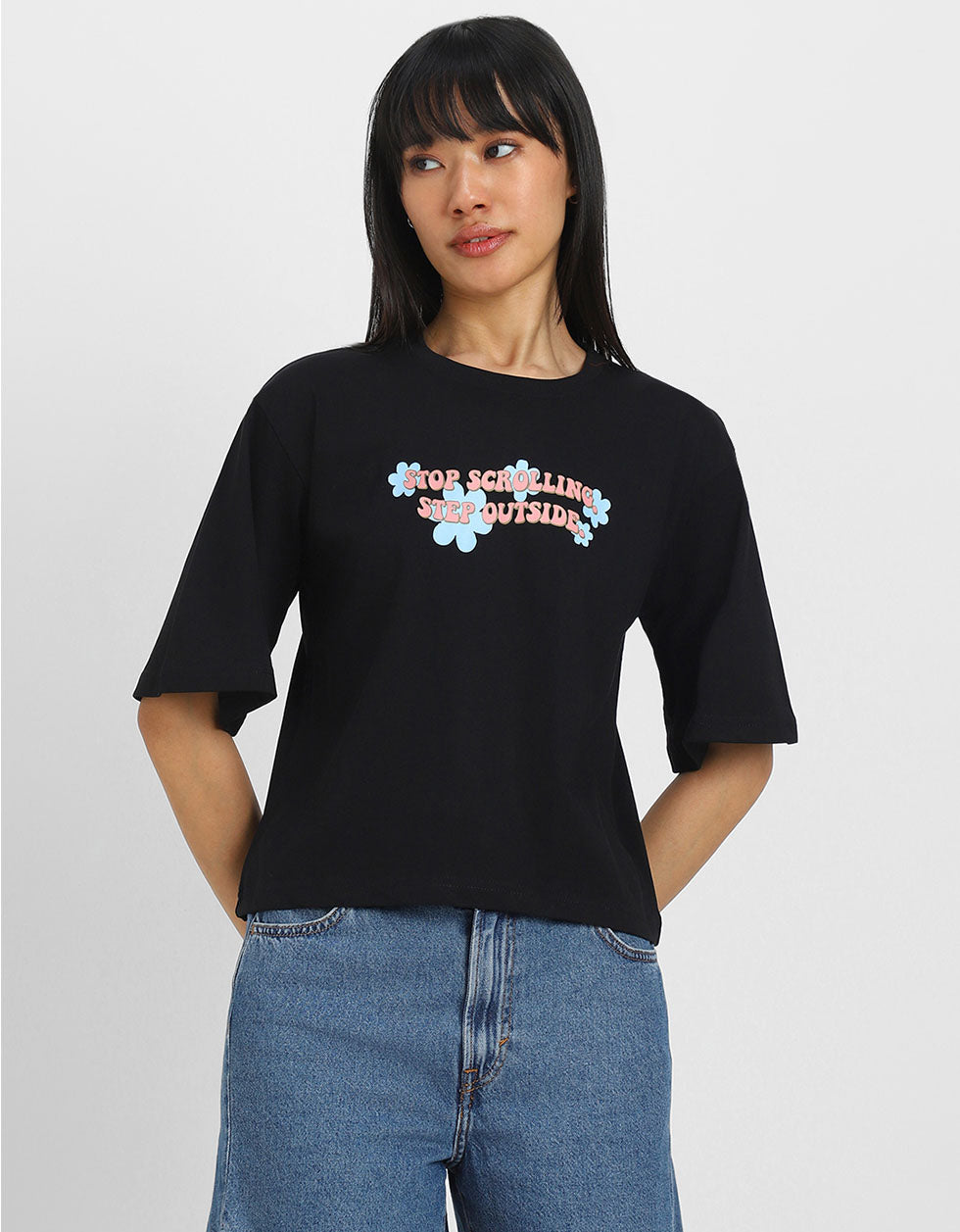Stop Scrolling Black Graphic Printed Crop-Top