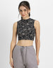 Black Floral Printed High Neck Cropped Tank Top