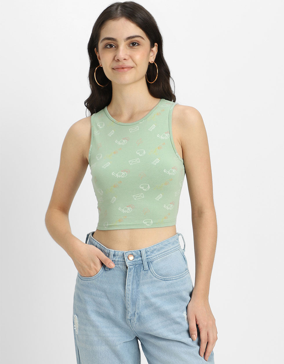 Green Floral Printed Round Neck Cropped Tank Top