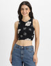 Black Floral Printed Round Neck Cropped Tank Top