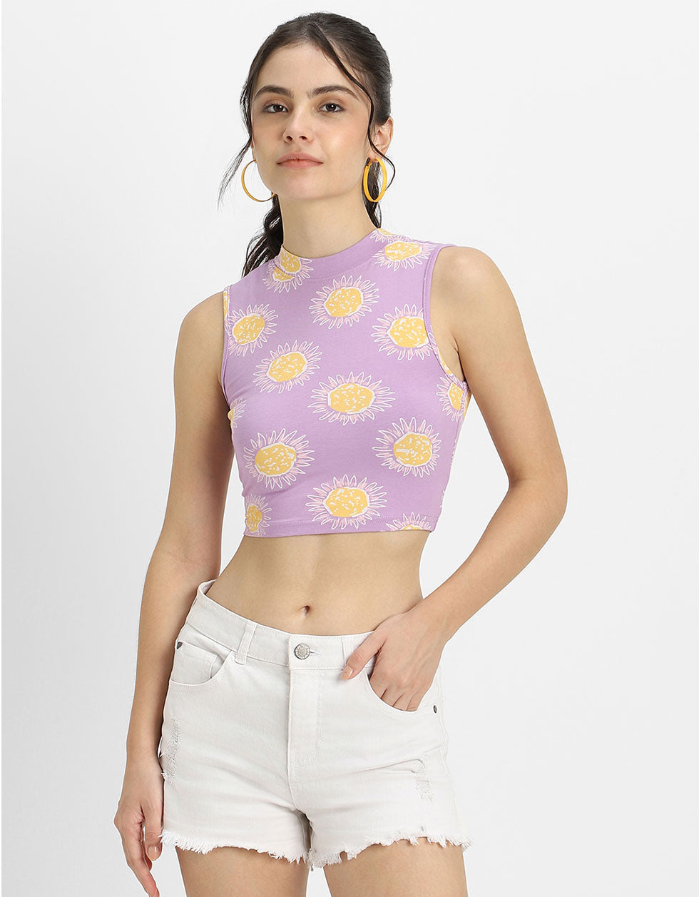 Lilac Floral Printed High Neck Cropped Tank Top