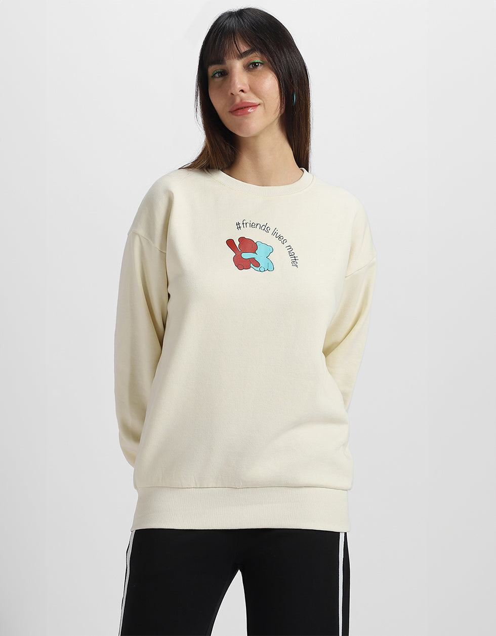 Friends Lives Matter Graphic Printed Oversized Off White Sweatshirt