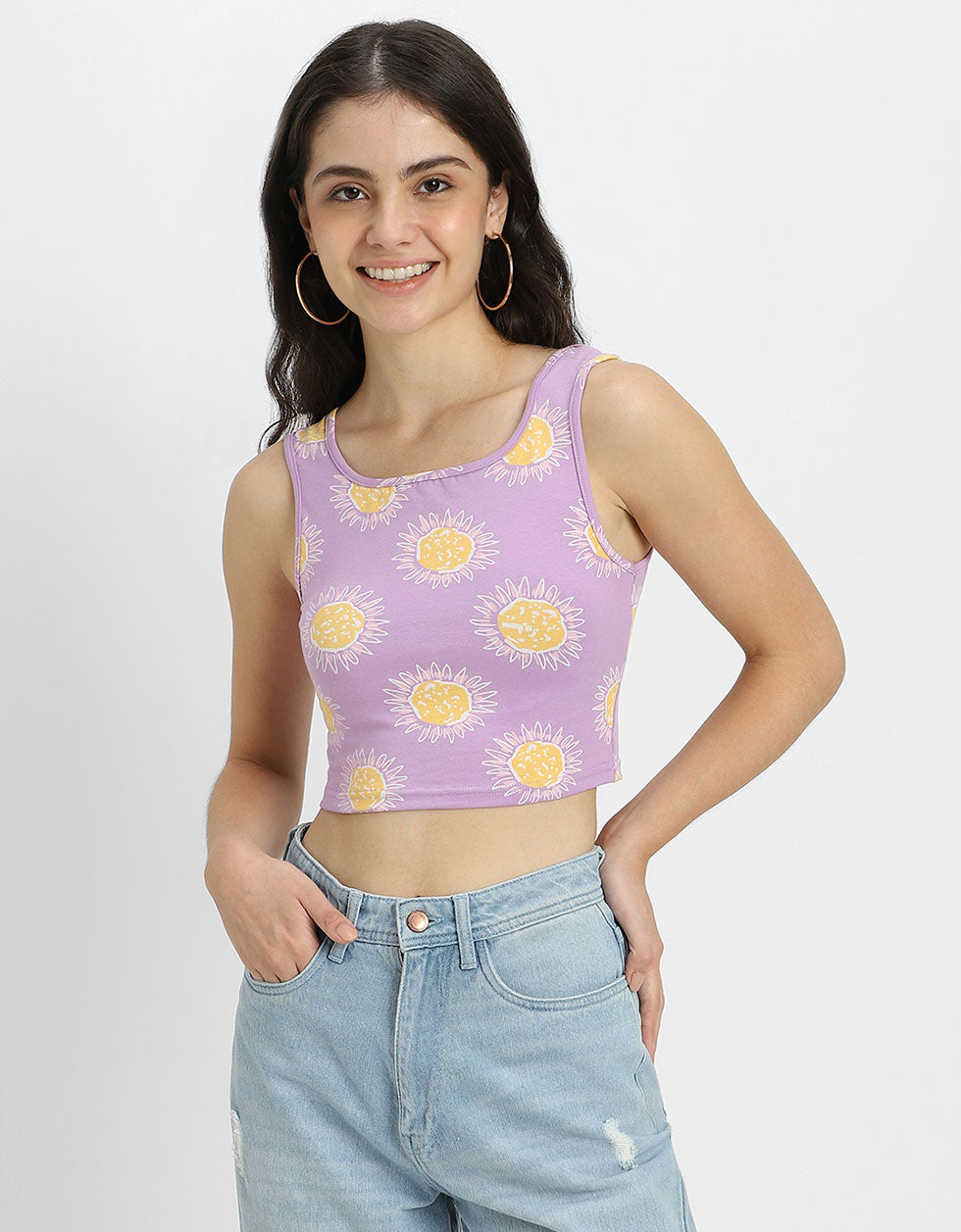 Lilac Printed Square Neck Cropped Tank Top