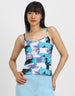 White Shoulder Strap Printed Crop-Top