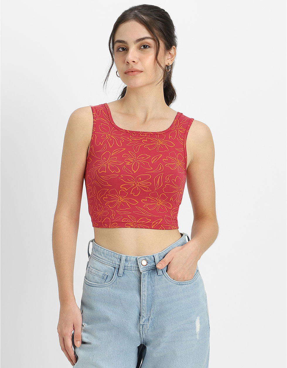 Viva Magenta Printed Square Neck Cropped Tank Top