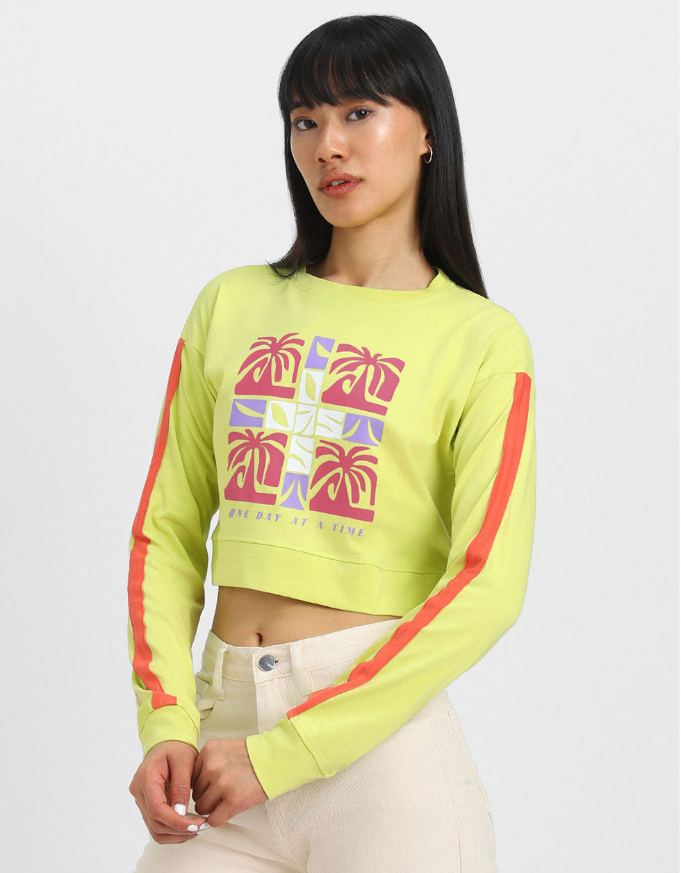 One Day Yellow Graphic Printed Crop-Top