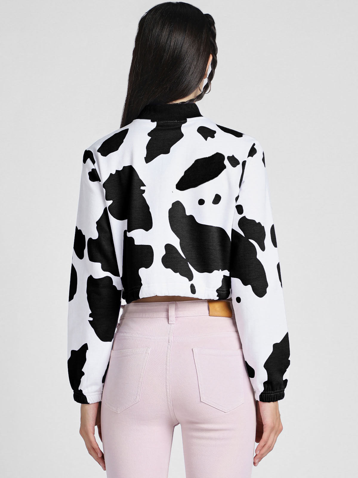 Cow Print Regular Fit White Zipper Crop Jacket