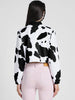 Cow Print Regular Fit White Zipper Crop Jacket