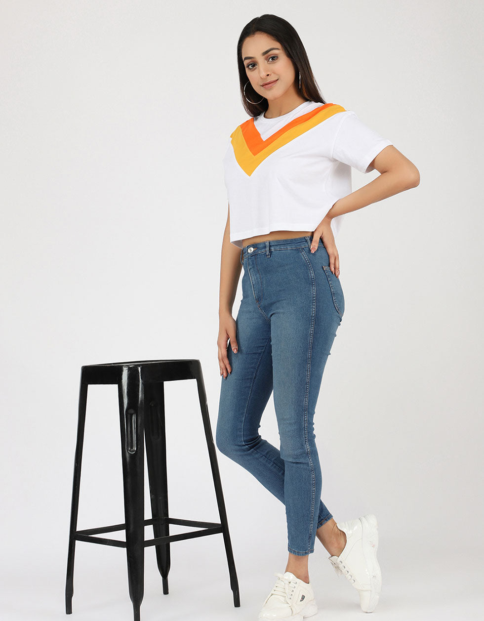 White Orange Yellow Graphic Printed Crop-Top