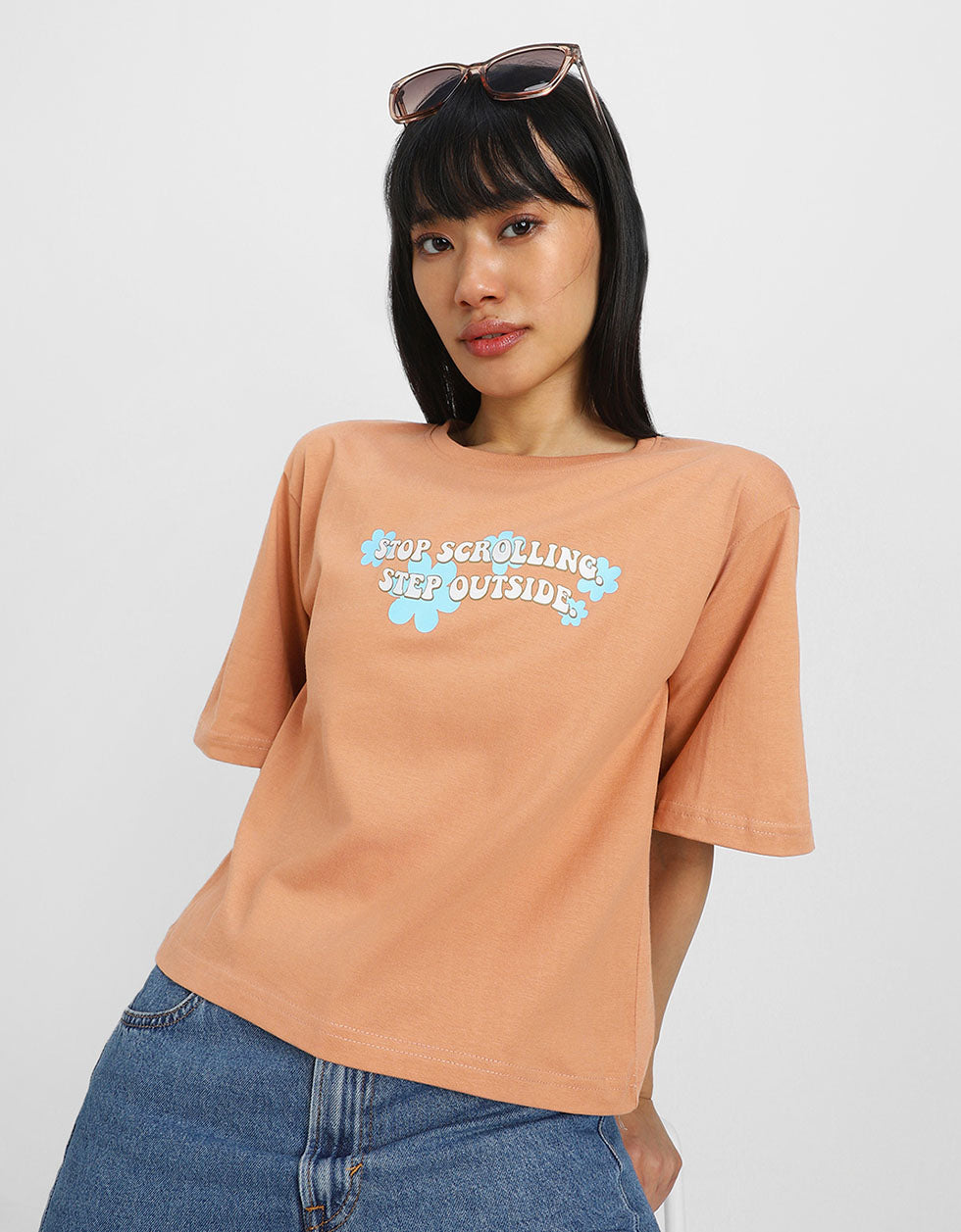 Stop Scrolling Cork Graphic Printed Crop-Top