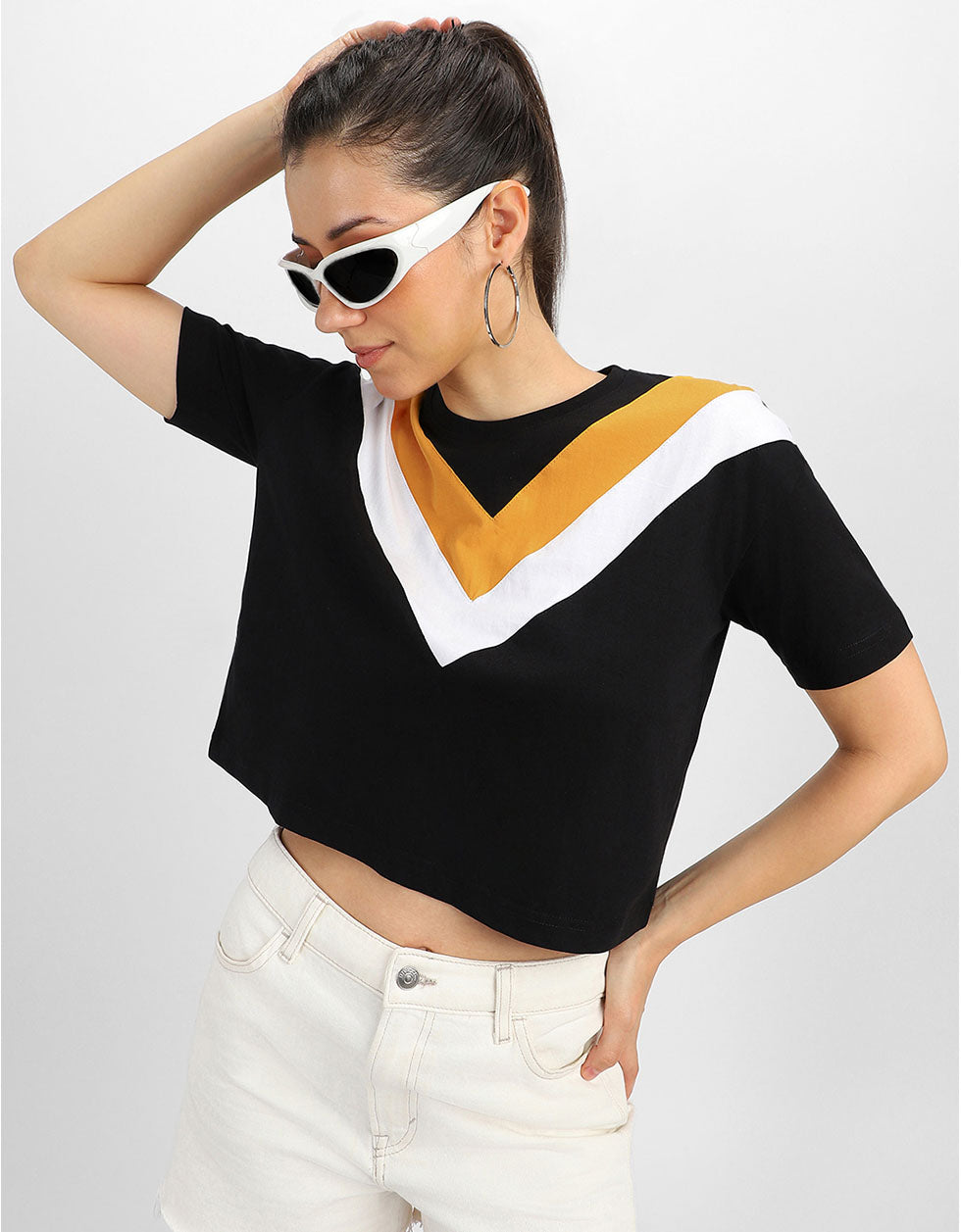 Black Yellow White Graphic Printed Crop-Top