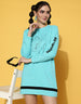 No Guessing Printed Ribbed Full Sleeve Round Neck Blue T-shirt Dress