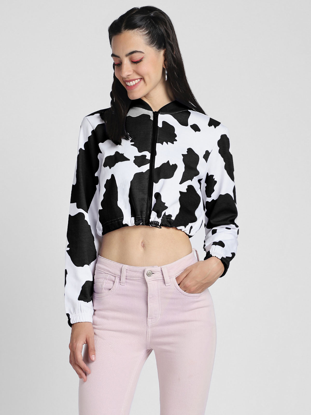 Cow Print Regular Fit White Zipper Crop Jacket