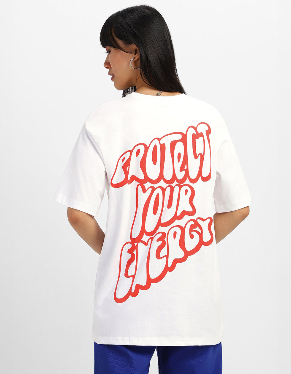 Protect Your Energy White Graphic Printed Oversized T-Shirt