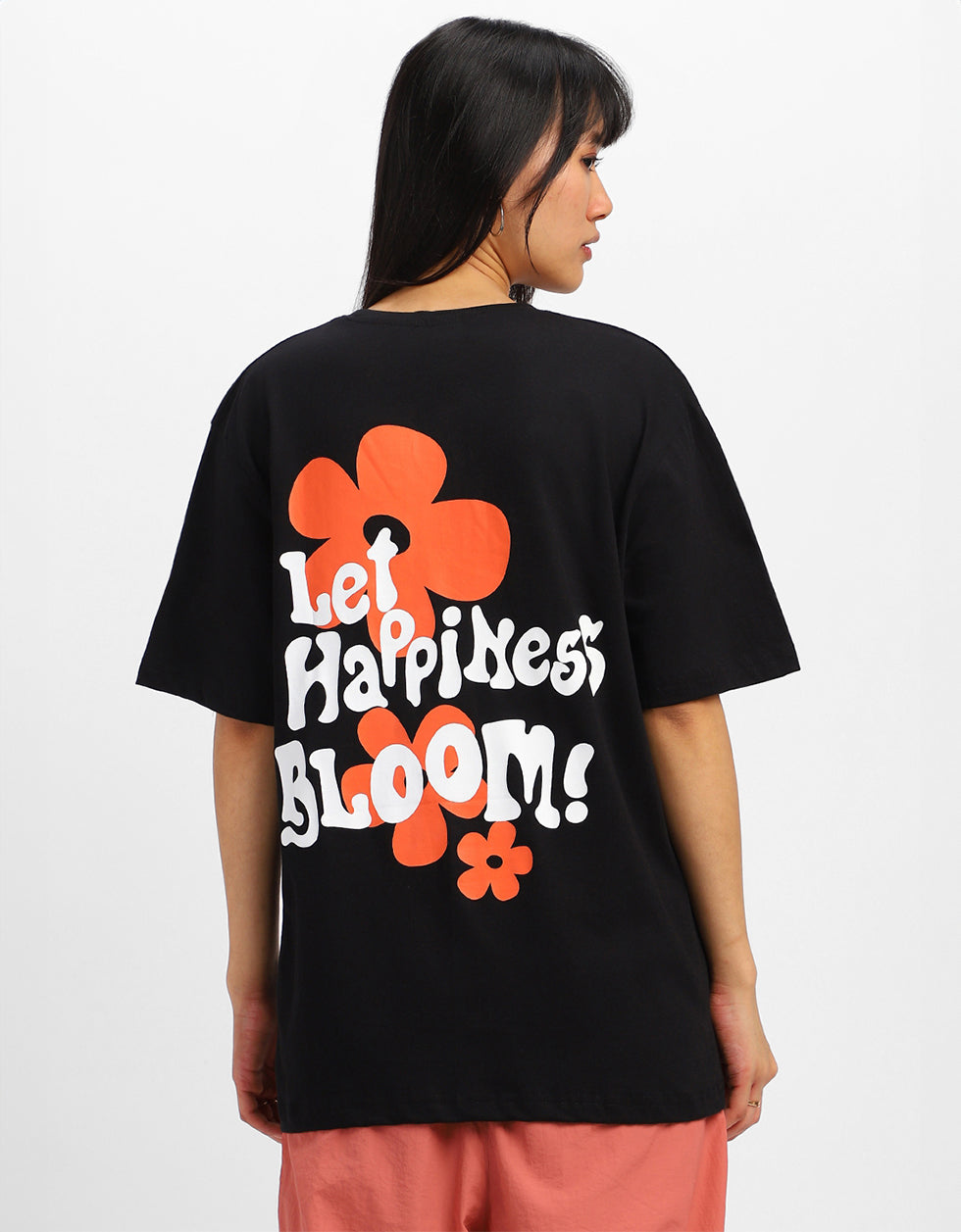 Let Happiness Bloom Black Graphic Printed Oversized T-Shirt